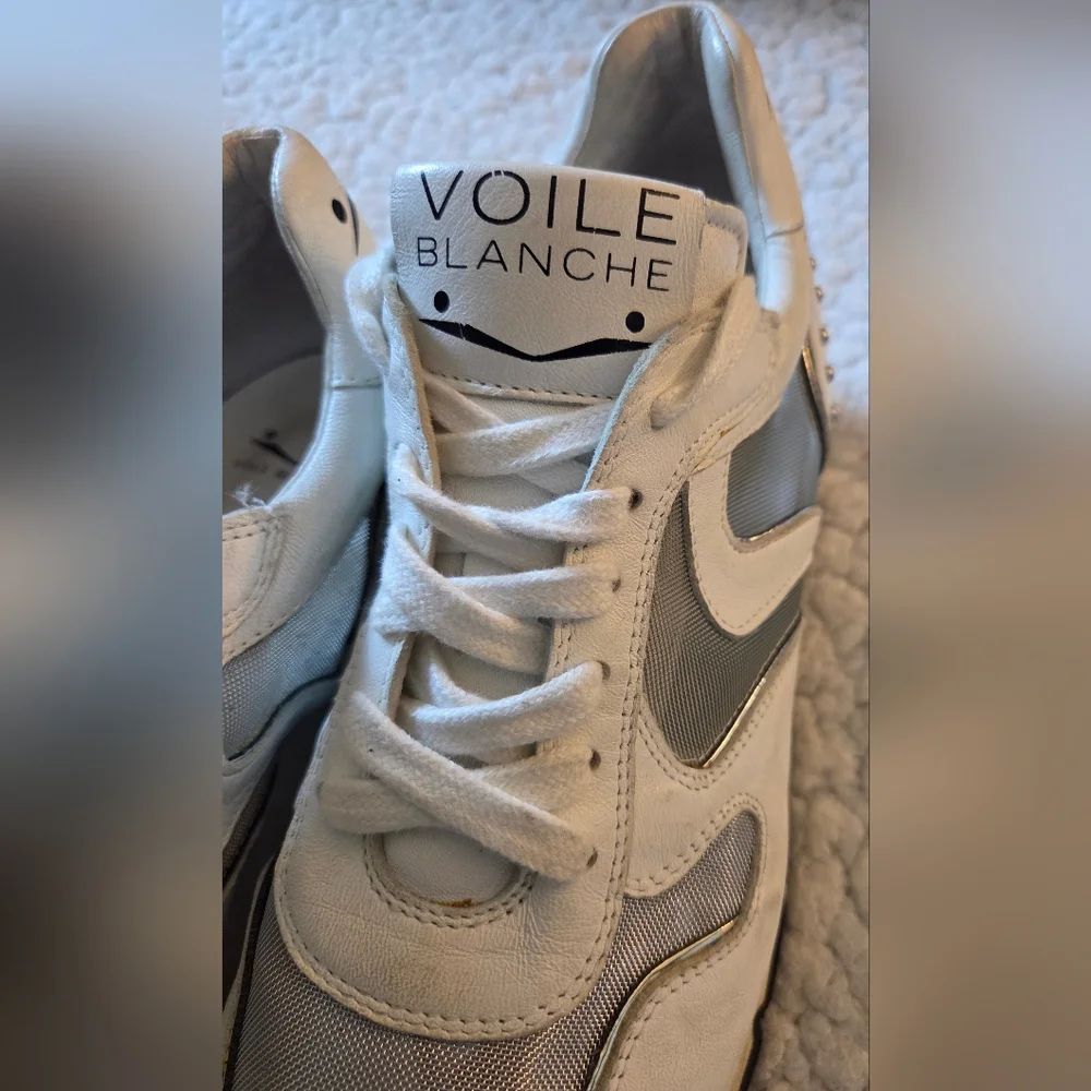 Voile Blanche Women’s White‎ Silver Leather Mesh Sneakers Size 39 Italy US 8.5/9